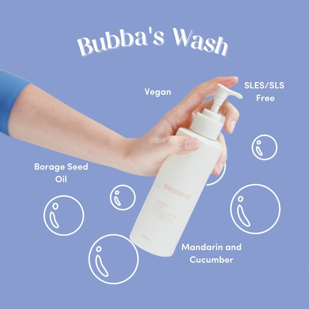 Hand holding a pump bottle of 'Bubba's Wash' with product details vegan, SLES/SLS Free, Borage Seed Oil, Mandarin and Cucumber on a blue background