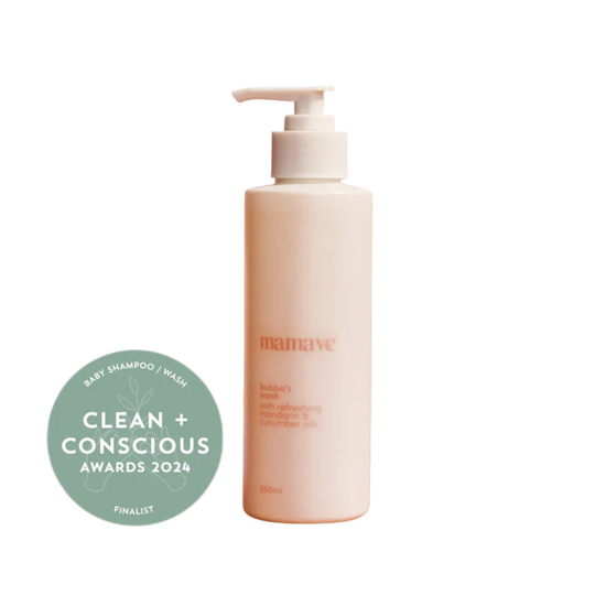 Baby shampoo bottle with pump dispenser on a white background, featuring the Mamaye brand and Clean + Conscious Award badge.