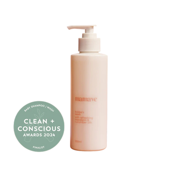 Baby shampoo bottle with pump dispenser on a white background, featuring the Mamaye brand and Clean + Conscious Award badge.