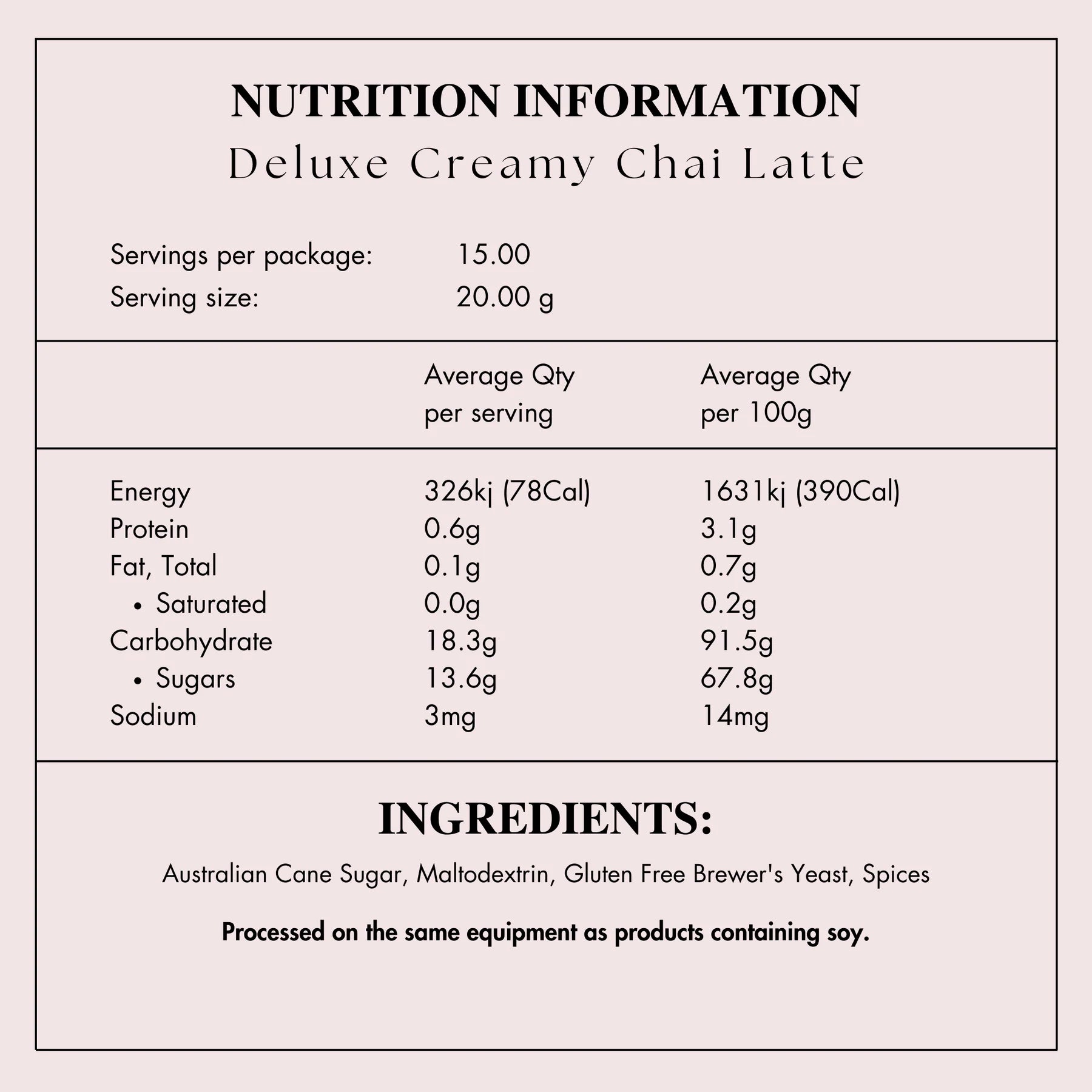 Nutrition information and ingredients list for Lactation creamy Chai Latte on a white background