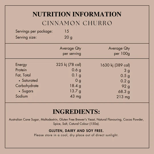 Nutrition information and ingredients list for cinnamon churro on a beige background