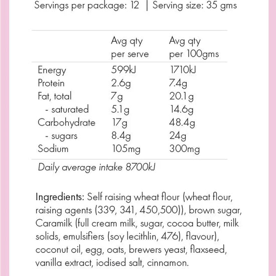 Nutrition information and ingredients list for Caramilk cookies on a pink background with Milky Goodness branding.