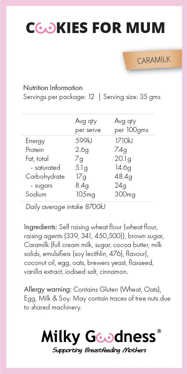 Nutrition information and ingredients list for Caramilk cookies on a pink background with Milky Goodness branding.