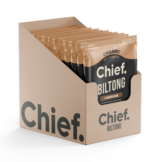 Box of Chief Biltong carnivore packages 