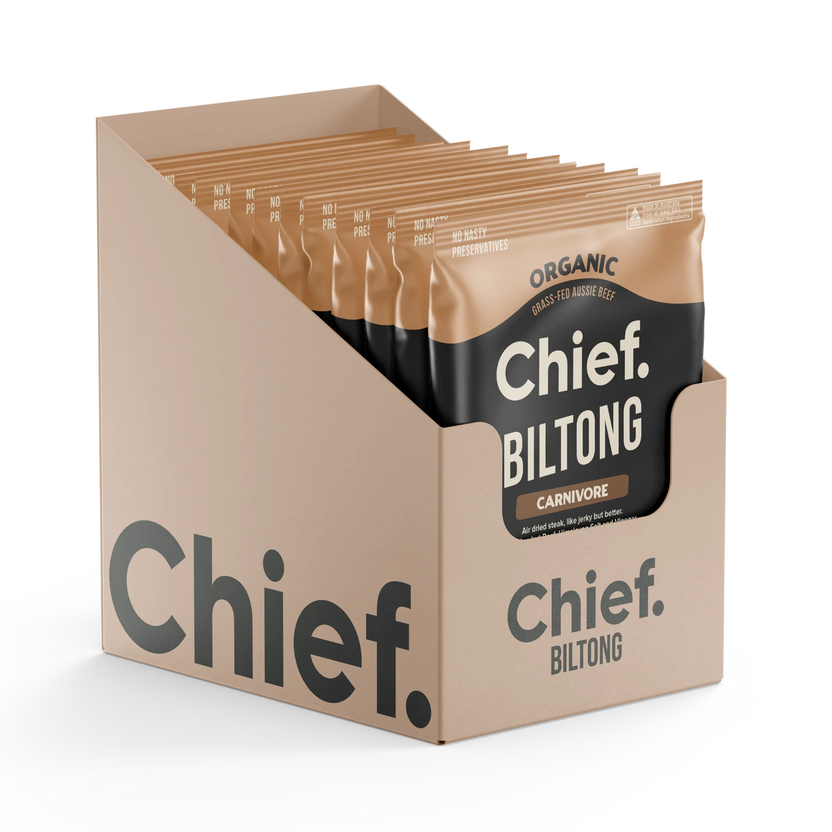 Box of Chief Biltong carnivore packages 