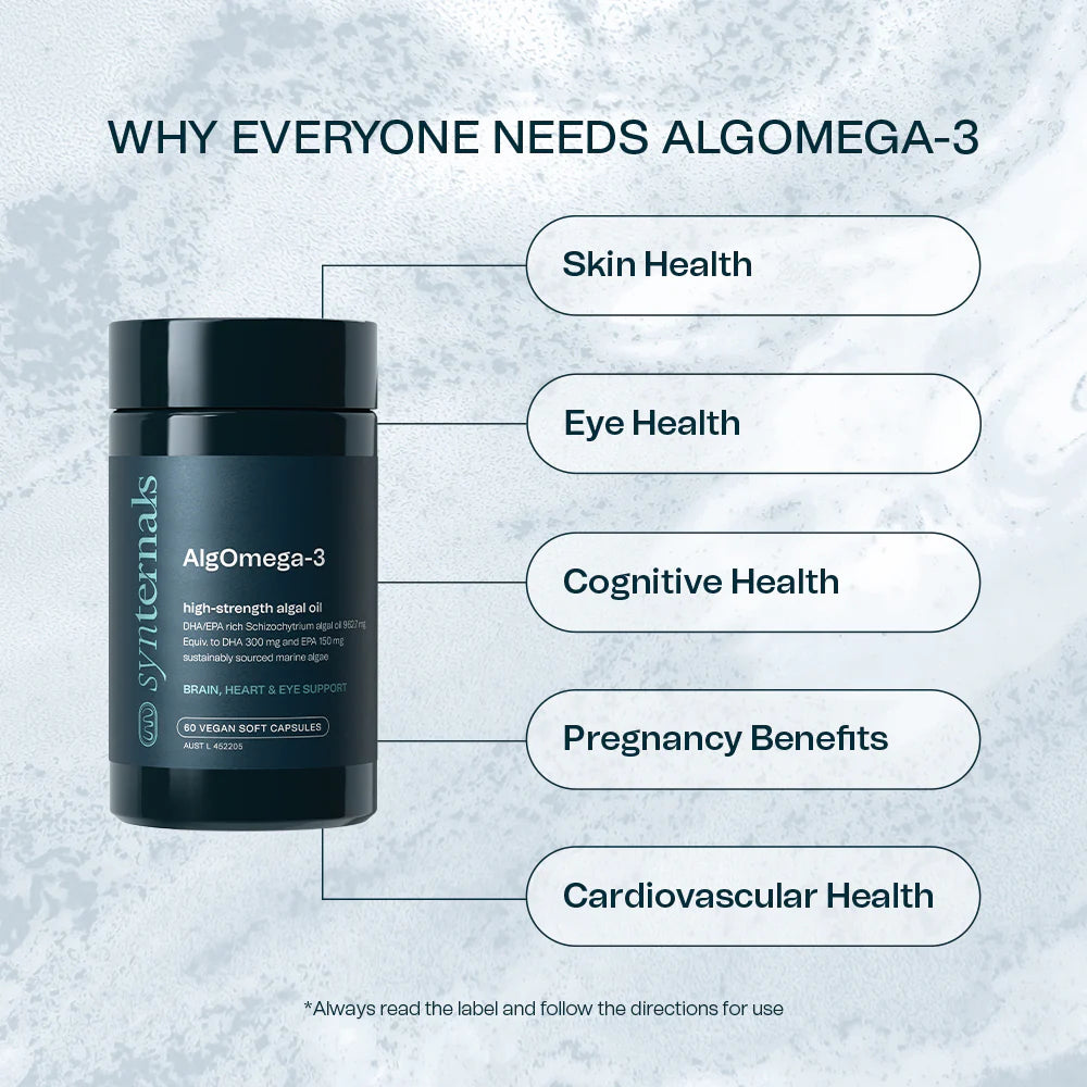 Systernals AlgOmega-3 supplement bottle with health benefits listed on a textured gray background