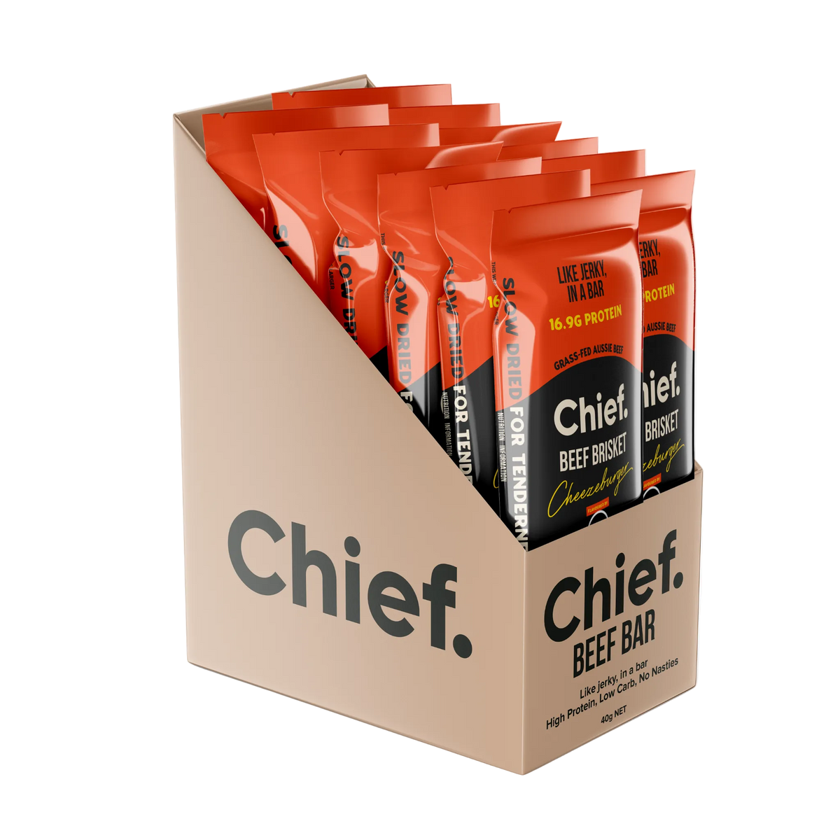 A cardboard display box holding multiple Chief Beef Bar individually wrapped packets.