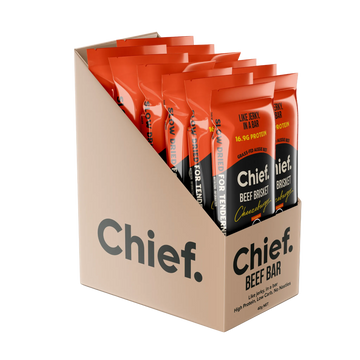 A cardboard display box holding multiple Chief Beef Bar individually wrapped packets.