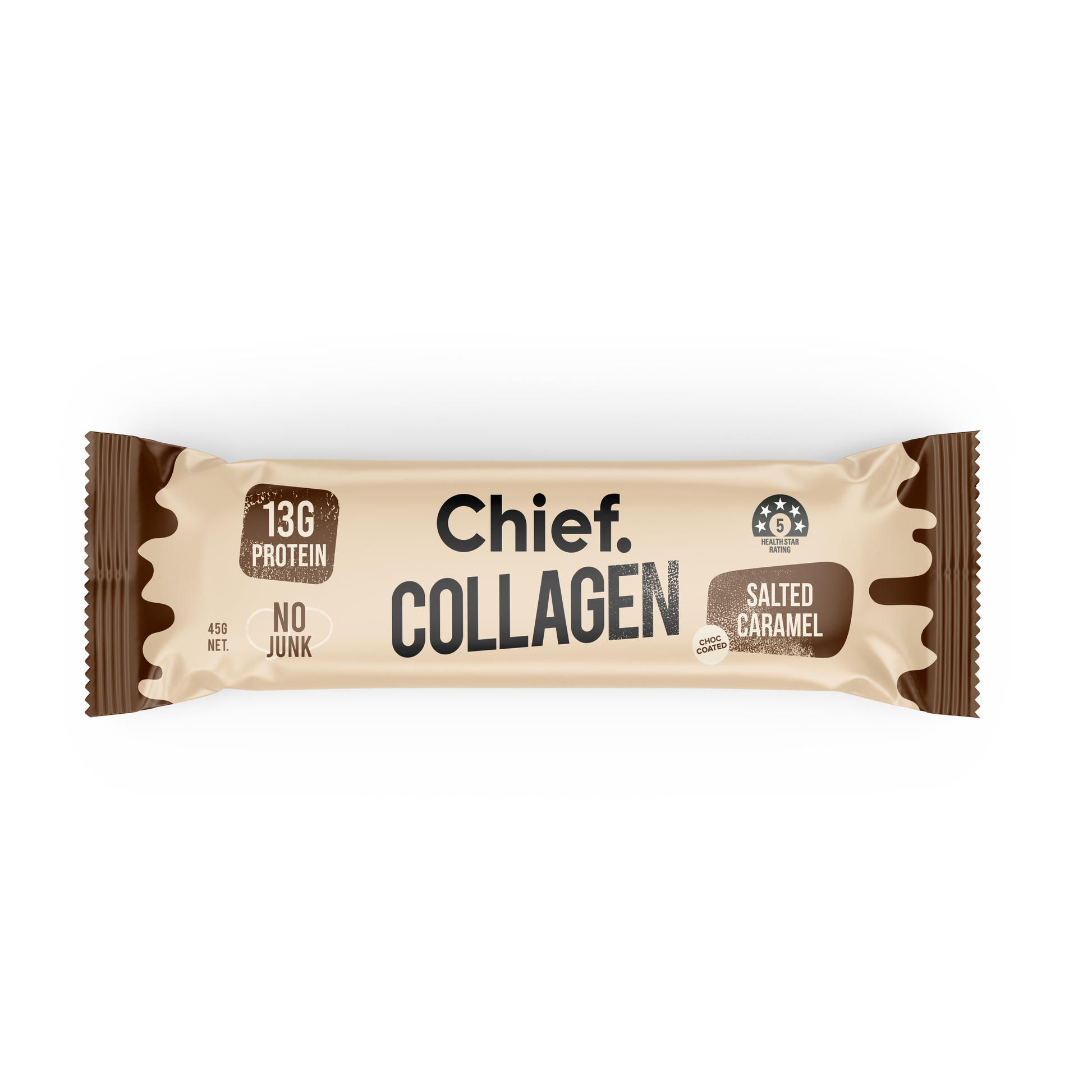 A single wrapped collagen protein bar in salted caramel. The wrapper is beige with dark brown edges and text reading 'Chief.