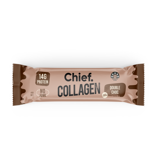 A single wrapped collagen bar in a chocolate brown wrapper. The wrapper reads 'Chief Collagen' and 'Double Choc', with additional text including '14G Protein' and 'No Junk'.