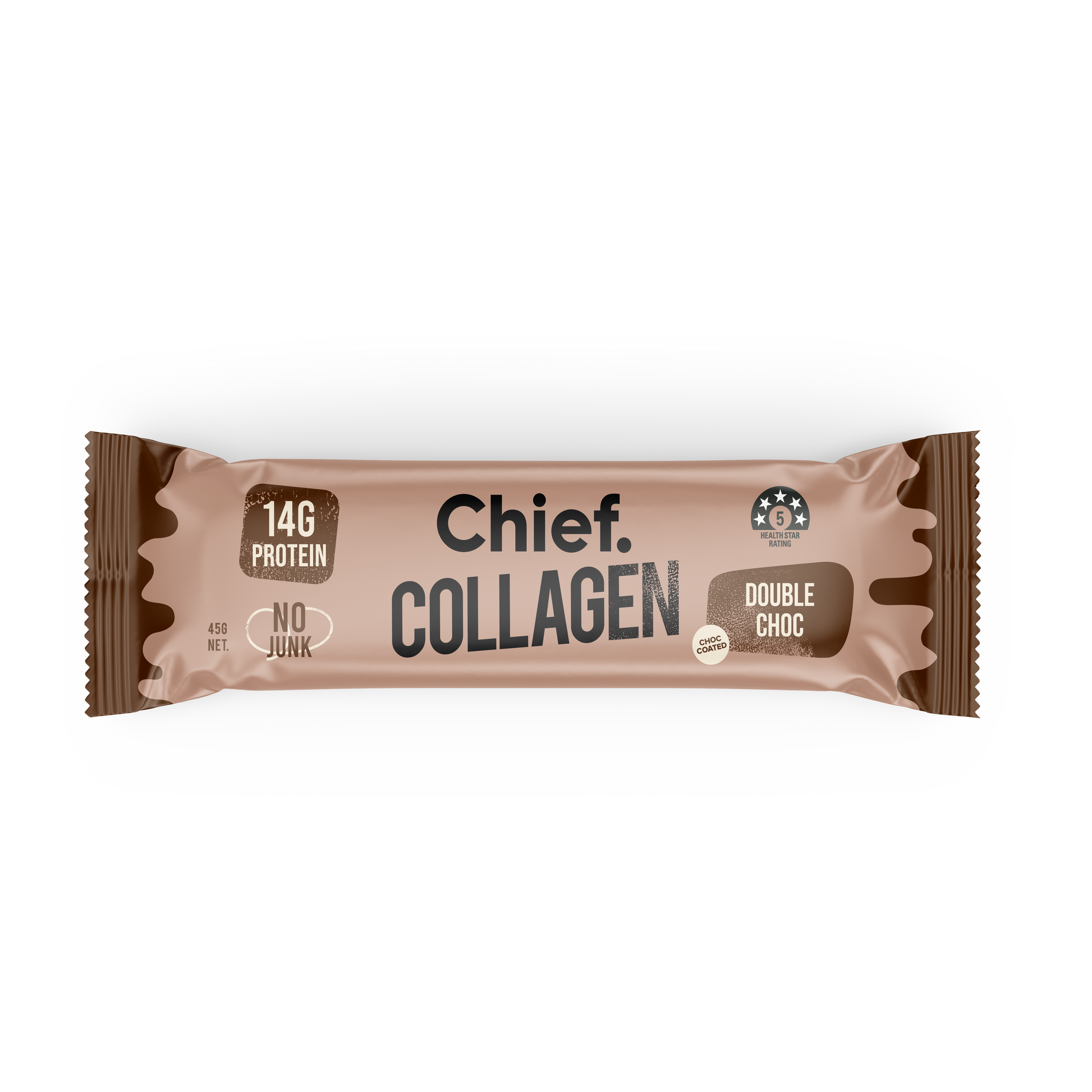A single wrapped collagen bar in a chocolate brown wrapper. The wrapper reads 'Chief Collagen' and 'Double Choc', with additional text including '14G Protein' and 'No Junk'.
