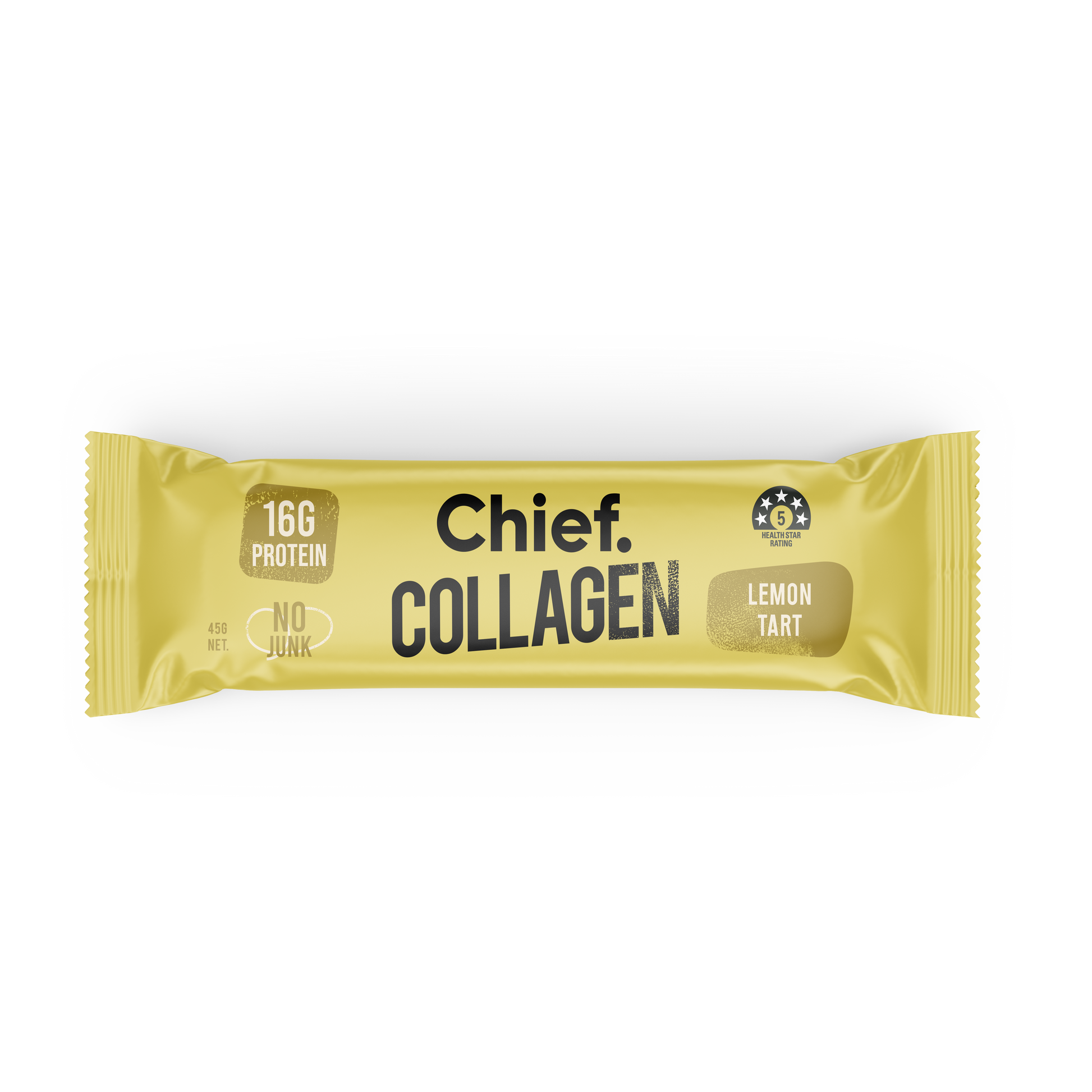 A single Lemon Tart wrapped collagen bar in a metallic yellow wrapper.  The wrapper reads 'Chief.