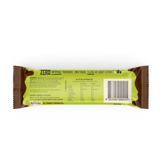 The back of a packaged chief choc pistachio snack bar wrapper, showing product details, nutrition facts, a barcode, and ingredients.