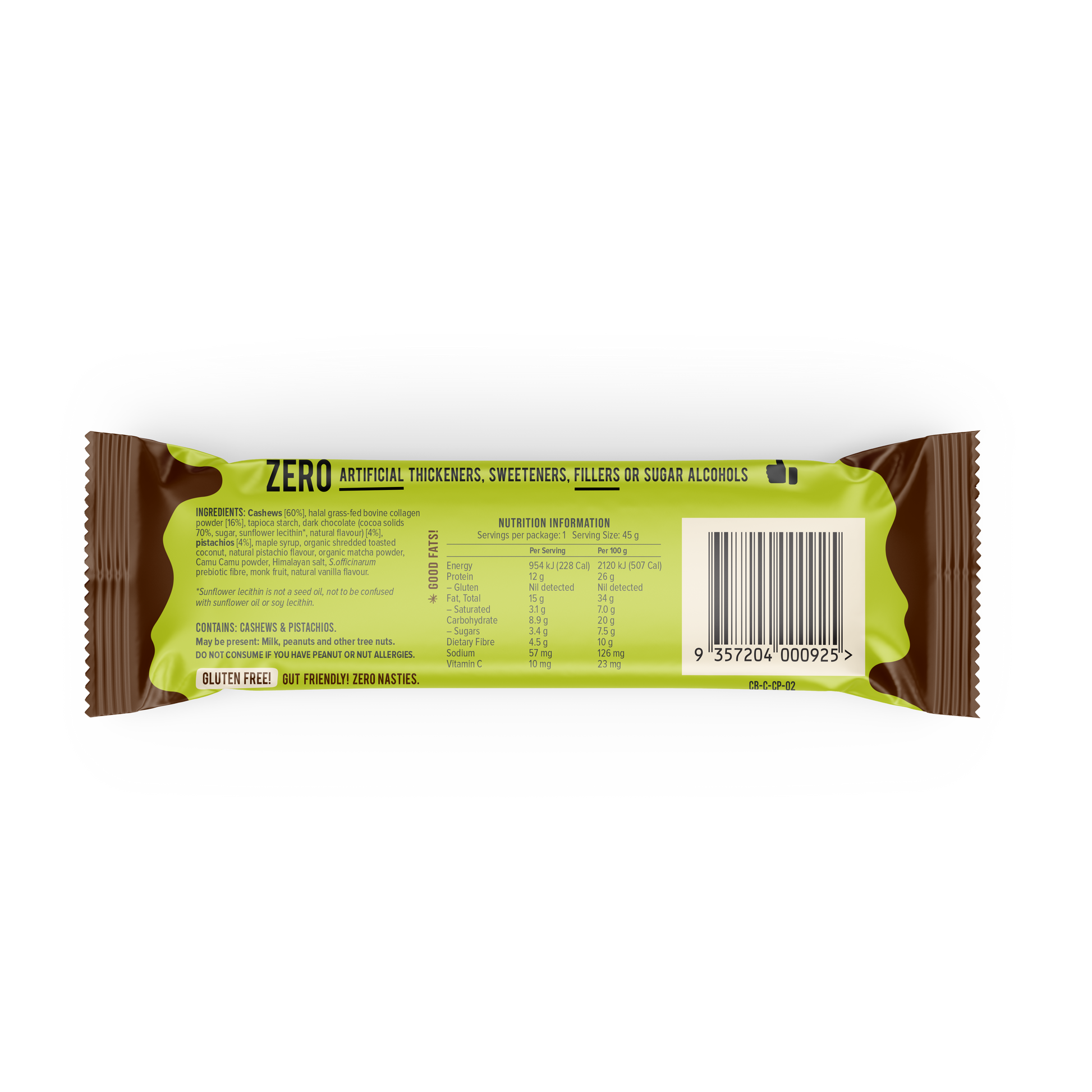 The back of a packaged chief choc pistachio snack bar wrapper, showing product details, nutrition facts, a barcode, and ingredients.