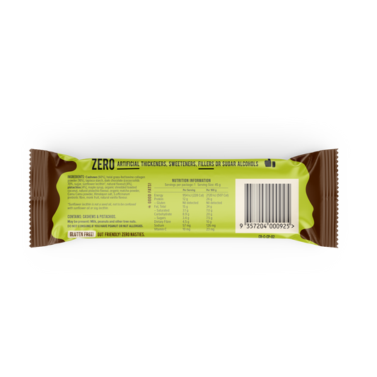 The back of a packaged chief choc pistachio snack bar wrapper, showing product details, nutrition facts, a barcode, and ingredients.