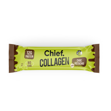 A single wrapped collagen protein bar in a bright lime green wrapper with brown ends, labeled 'Chief Collagen' and 'Choc Pistachio'.