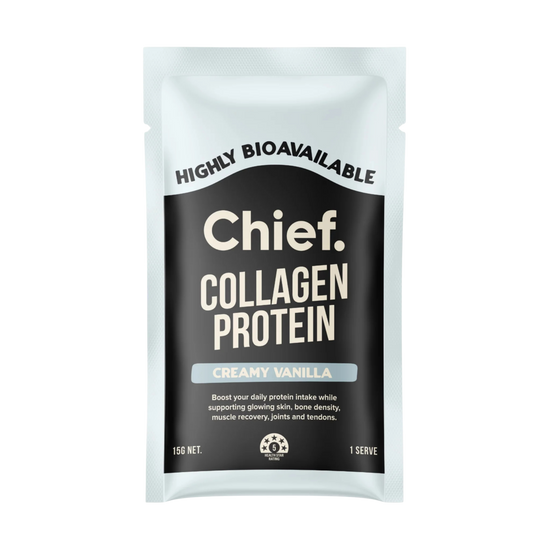 A stand-up pouch of Chief Collagen Protein in Creamy Vanilla flavour, featuring a black and white design with a light blue accent bar on the label.