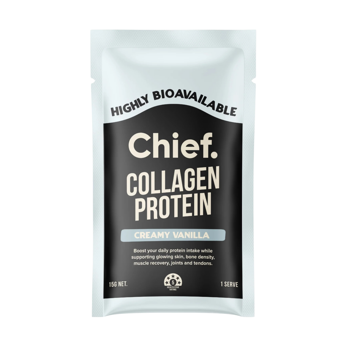 A stand-up pouch of Chief Collagen Protein in Creamy Vanilla flavour, featuring a black and white design with a light blue accent bar on the label.