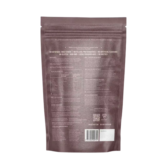 The back of a dark brown stand-up resealable pouch with extensive text, a barcode, and a small white label near the bottom.