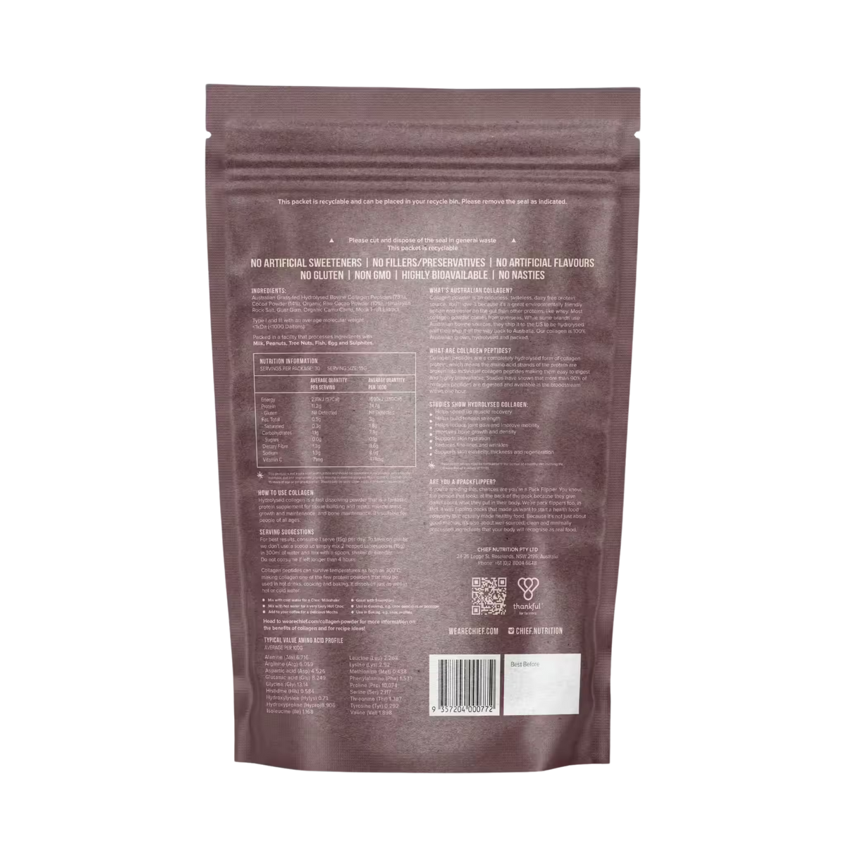 The back of a dark brown stand-up resealable pouch with extensive text, a barcode, and a small white label near the bottom.