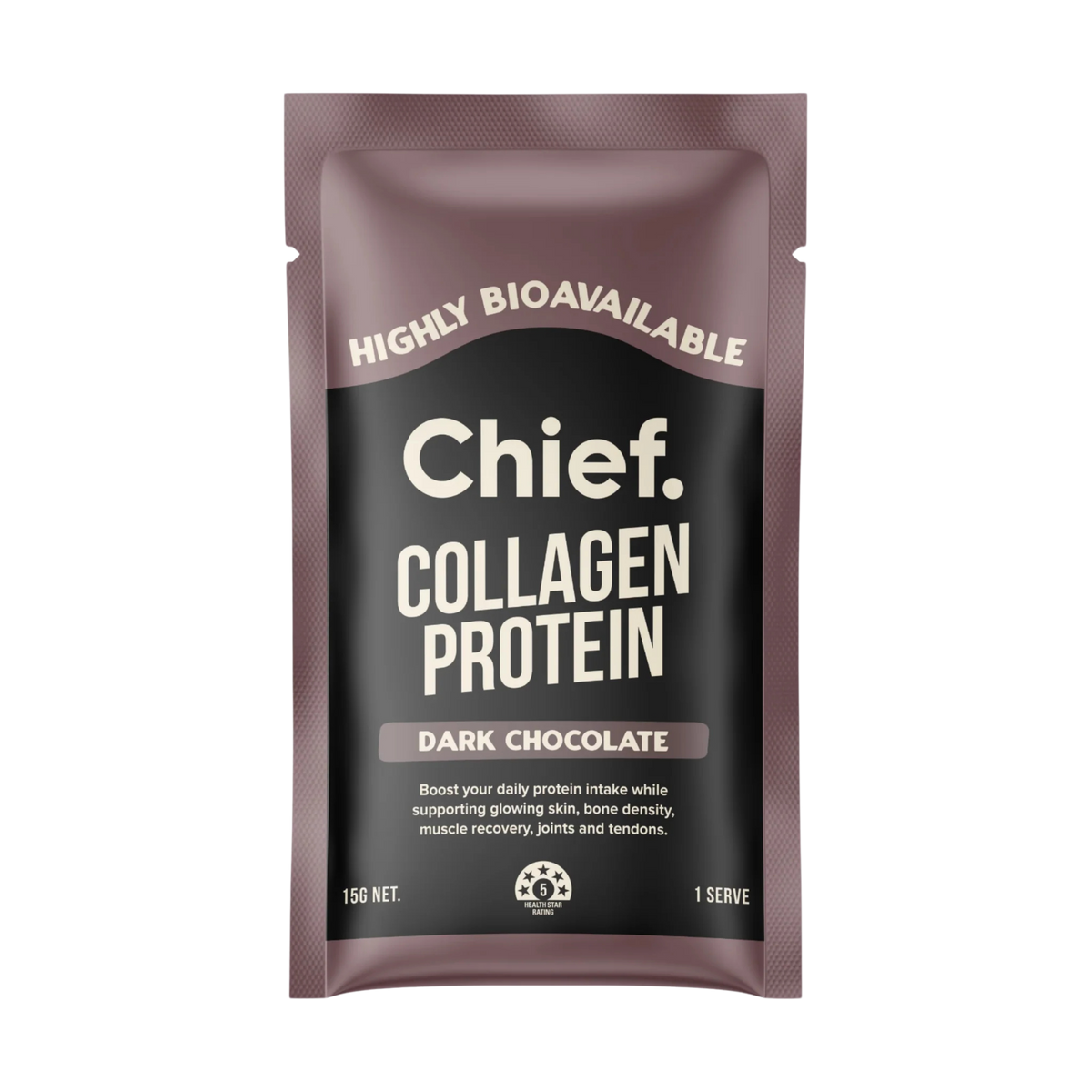 A single stand-up pouch of Chief Collagen Protein in Dark Chocolate flavour.