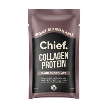 A single stand-up pouch of Chief Collagen Protein in Dark Chocolate flavour.