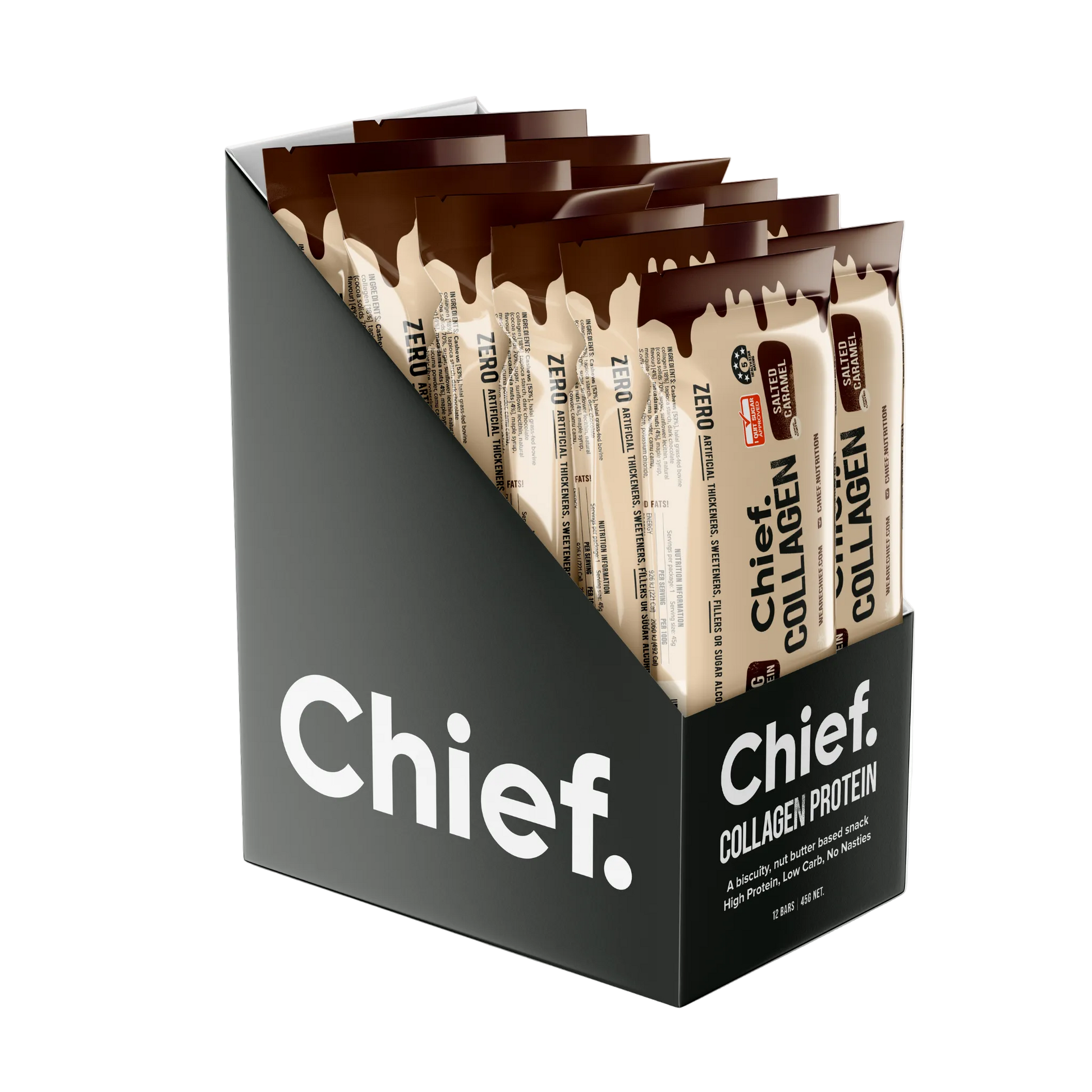 Display of Chief Collagen Protein packets in a black holder 