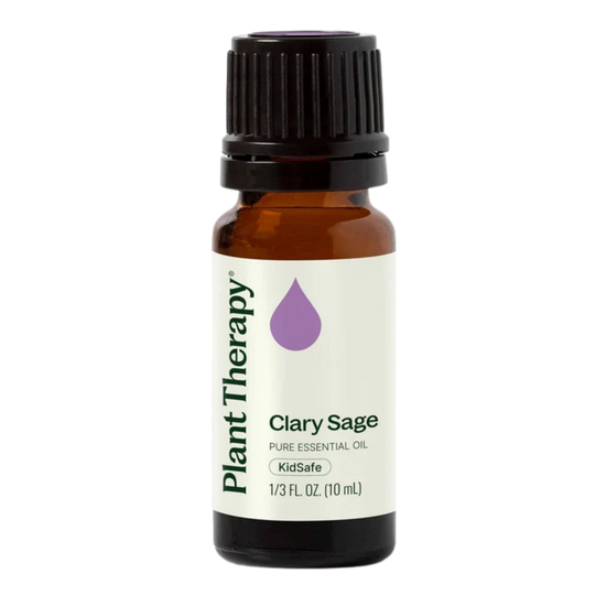 A 10 mL bottle of Plant Therapy Clary Sage essential oil. The amber glass bottle has a black ribbed cap and a white label with green and purple text and logo.