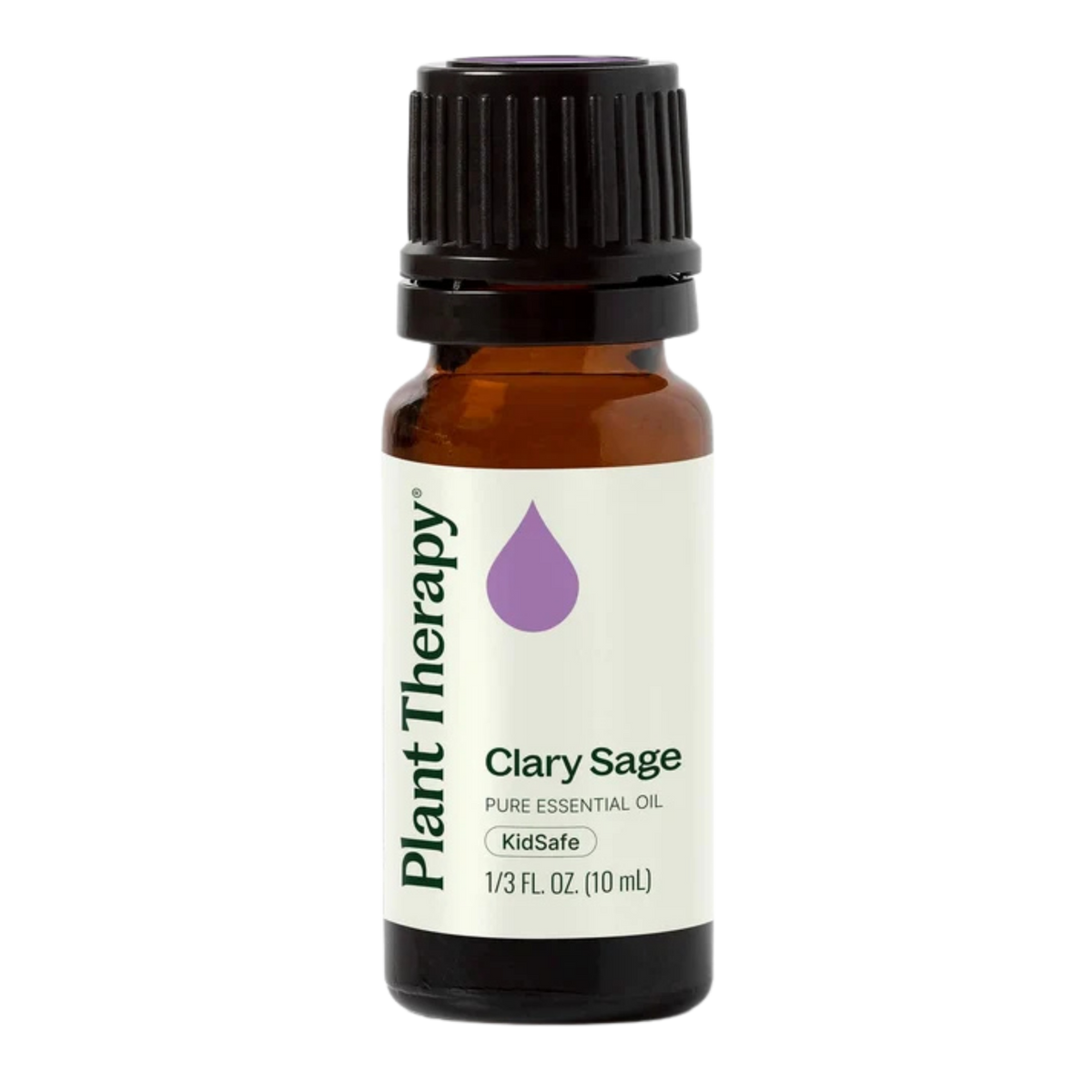 A 10 mL bottle of Plant Therapy Clary Sage essential oil. The amber glass bottle has a black ribbed cap and a white label with green and purple text and logo.