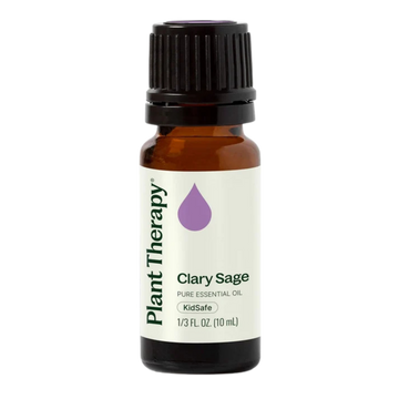 A 10 mL bottle of Plant Therapy Clary Sage essential oil. The amber glass bottle has a black ribbed cap and a white label with green and purple text and logo.
