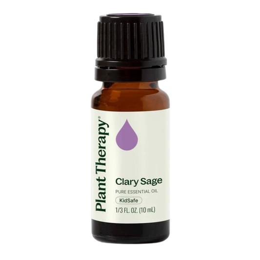 A 10 mL bottle of Plant Therapy Clary Sage essential oil. The amber glass bottle has a black ribbed cap and a white label with green and purple text and logo.