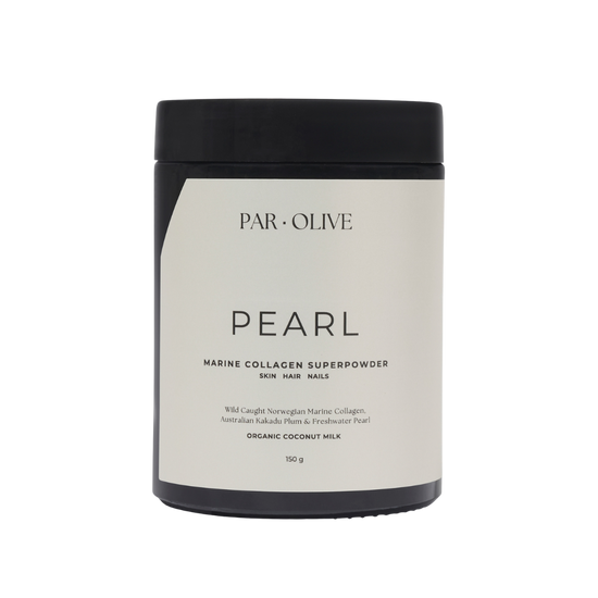 Jar of PAR. OLIVE Pearl Marine Collagen Superpowder on a white background