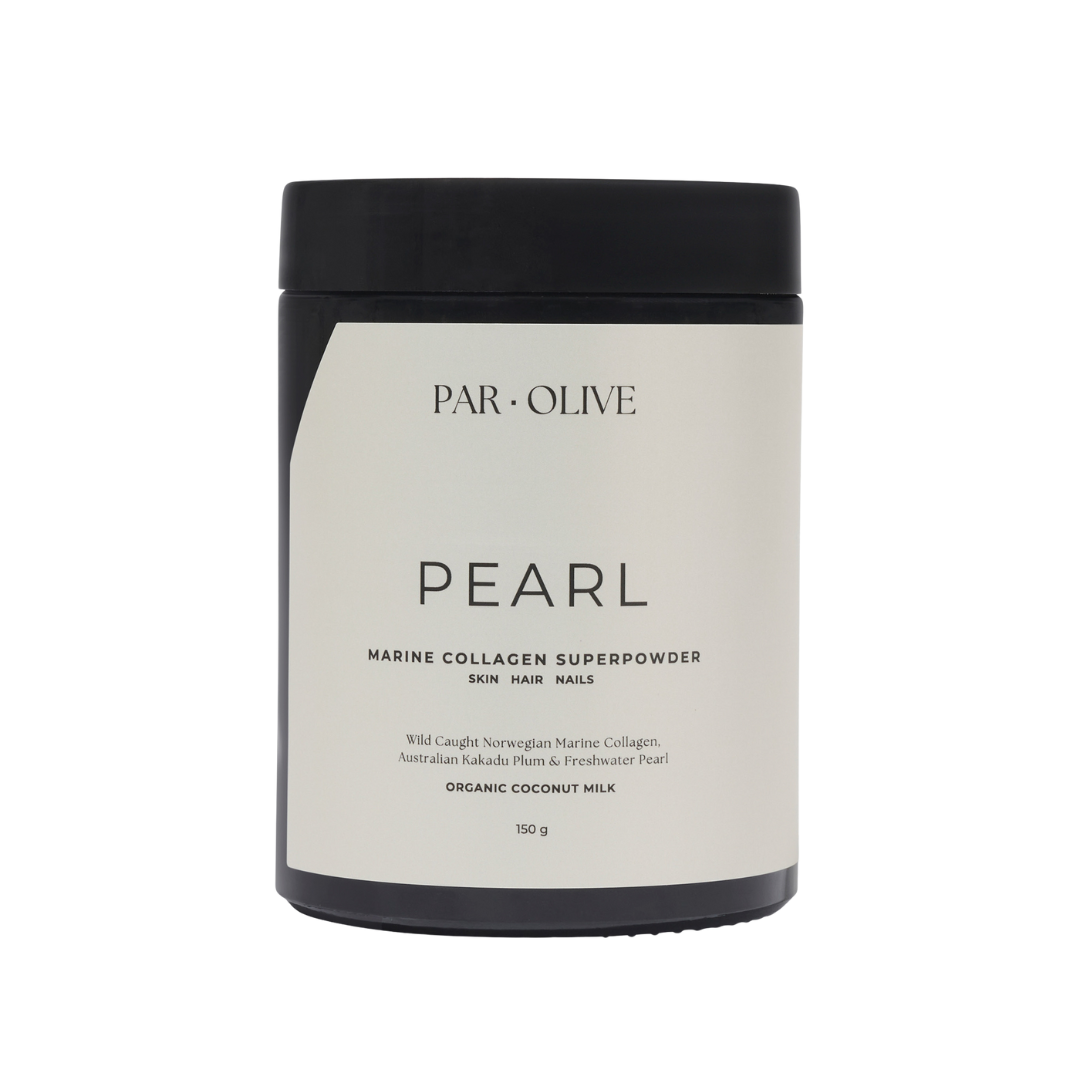 Jar of PAR. OLIVE Pearl Marine Collagen Superpowder on a white background