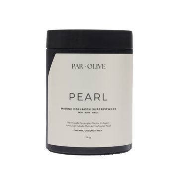 Jar of PAR. OLIVE Pearl Marine Collagen Superpowder on a white background