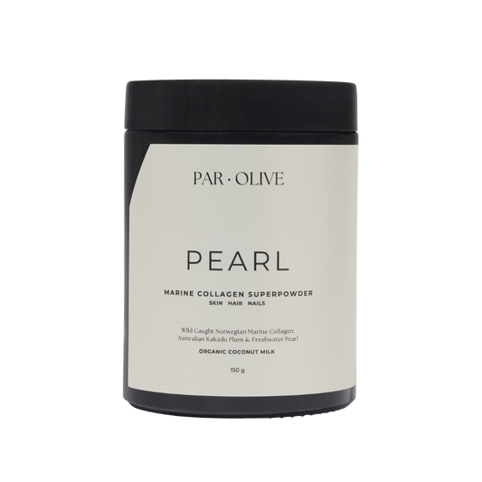 Jar of PAR. OLIVE Pearl Marine Collagen Superpowder on a white background