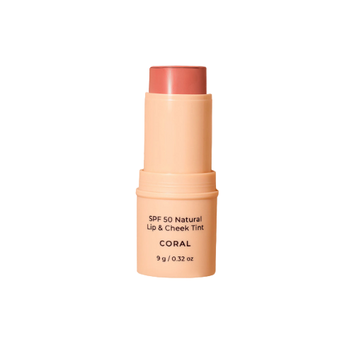 AvoZinc SPF 50 Natural Lip & Cheek Tint stick in Coral color on a white background