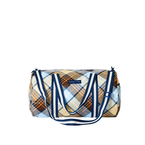 Plaid patterned bag with blue accents including straps