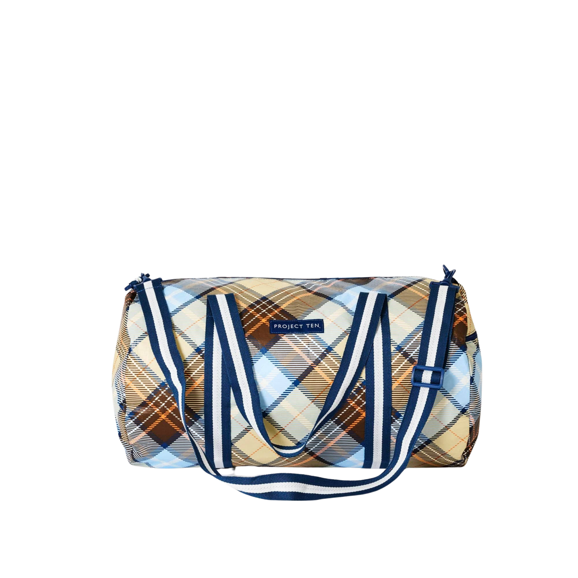 Plaid patterned bag with blue accents including straps