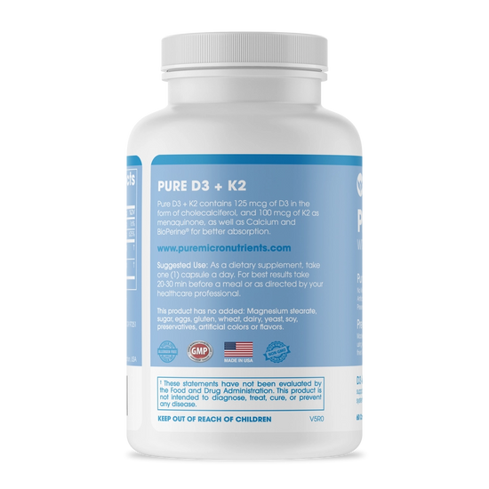 Supplement bottle labeled 'PURE D3 + K2' on a white background