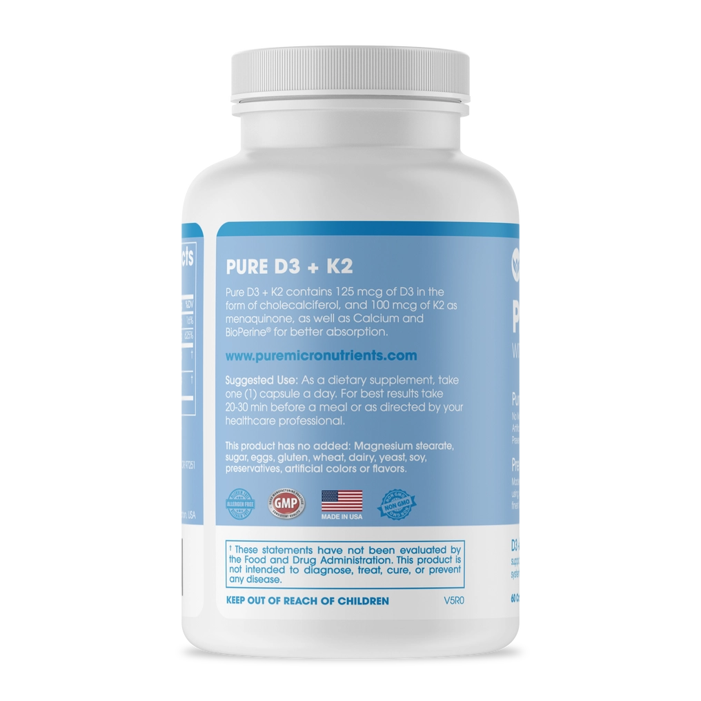 Supplement bottle labeled 'PURE D3 + K2' on a white background