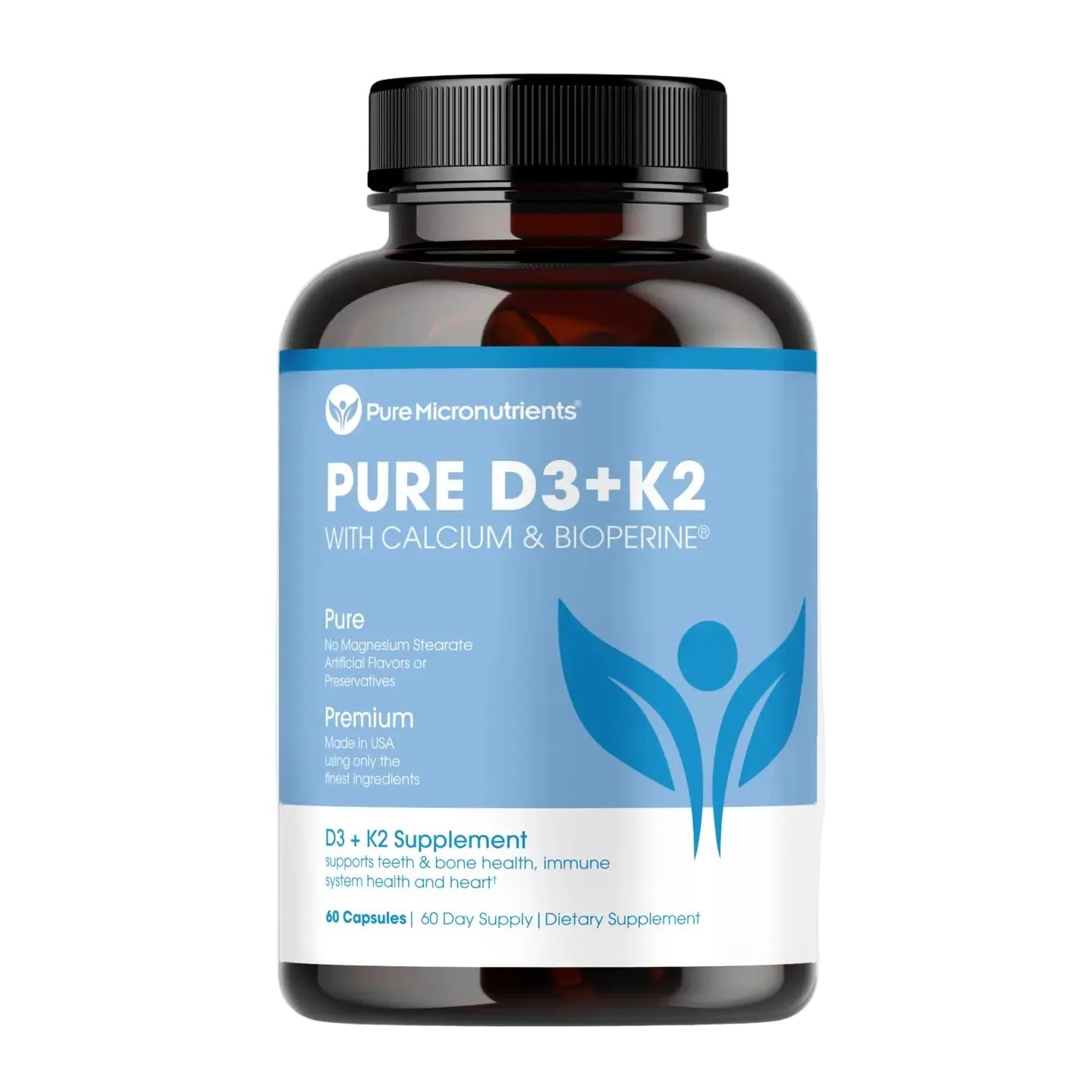 Supplement bottle labeled 'PURE D3+K2' with a blue label on a transparent background