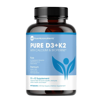 Supplement bottle labeled 'PURE D3+K2' with a blue label on a transparent background