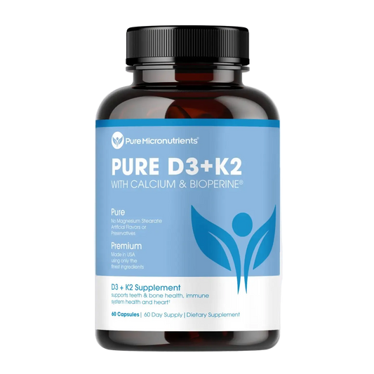Supplement bottle labeled 'PURE D3+K2' with a blue label on a transparent background