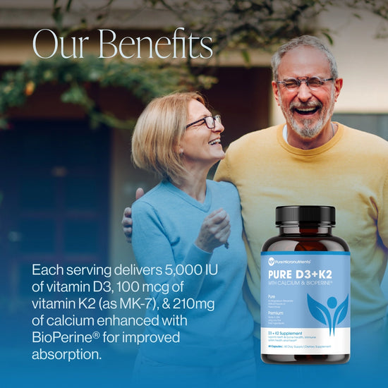 Two people embracing. Bottle of Pure D3+K2 supplement in the foreground, set against a blurred outdoor background. Each serving delivers 5000 IU of vitamin D3, 100mcg of vitamin K2 (as MK_7), & 210mg of calcium enhanced with BioPerine for improved absorption.