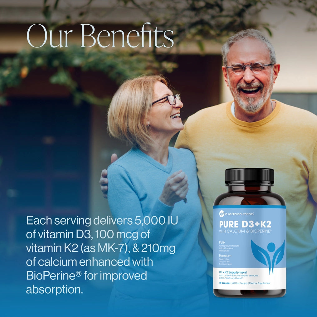 Two people embracing. Bottle of Pure D3+K2 supplement in the foreground, set against a blurred outdoor background. Each serving delivers 5000 IU of vitamin D3, 100mcg of vitamin K2 (as MK_7), & 210mg of calcium enhanced with BioPerine for improved absorption.