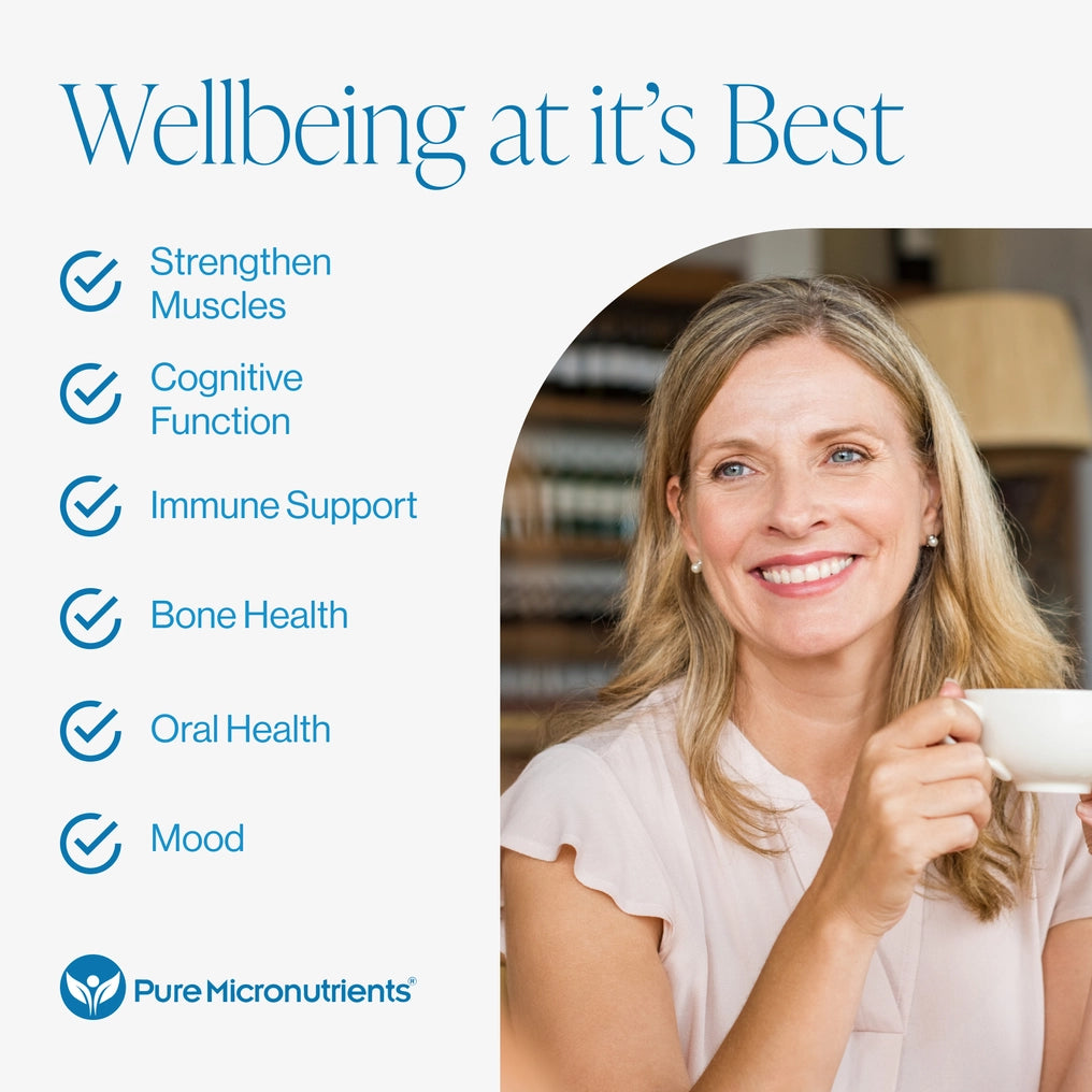 Woman holding a mug with text about wellbeing benefits and Pure Micronutrients branding. Strengthen muscles, cognitive function, immune support, bone health, oral health and mood.