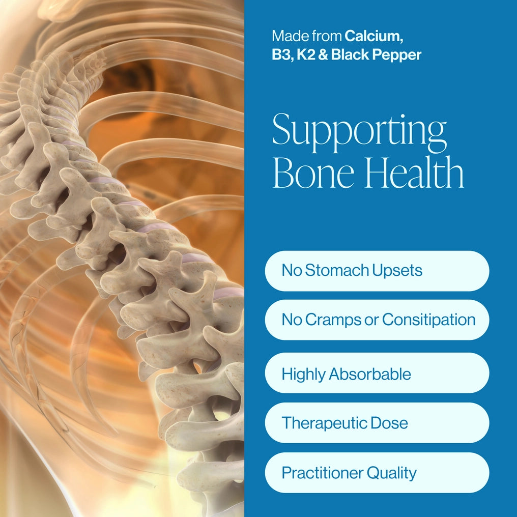 Made from calcium, B3, K2 & Black pepper. No stomach upsets, no cramps or constipation , highly absorbable, therapeutic does and practitioner quality. 