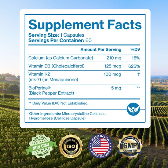 Supplement facts label with a vineyard background