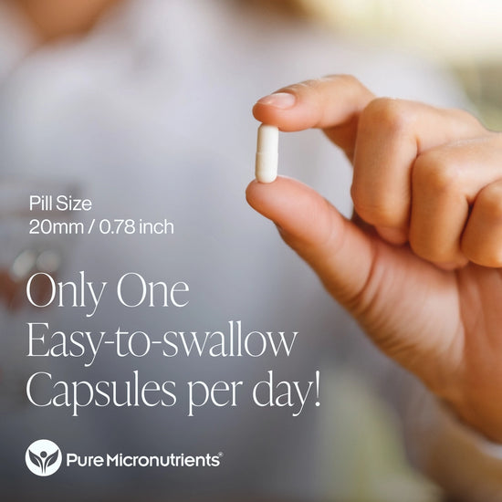 Hand holding a pill with promotional text about Pure Micronutrients capsules easy to swallow