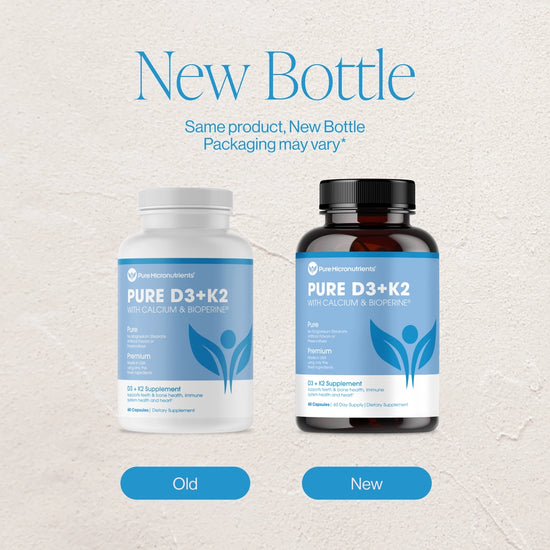 Two bottles of Pure D3+K2 supplements, one labeled 'Old' and the other 'New', on a textured light gray background.